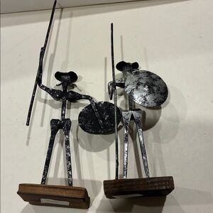 Don Quixote Black and Brown Metal Sculptures Made Spain Hand Welded W/ Wood Base